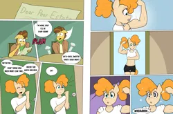 Size: 3931x2599 | Tagged: safe, artist:matchstickman, derpibooru import, grand pear, pear butter, anthro, pony, comic:the other side, abs, clothes, comic, female, flexing, image, male, mirror, muscles, png, stallion, teenager, younger
