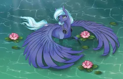 Size: 1920x1241 | Tagged: safe, derpibooru import, oc, oc:moonlight drop, unofficial characters only, pegasus, pony, female, flower, headphones, image, lake, large wings, mare, png, solo, water, wings