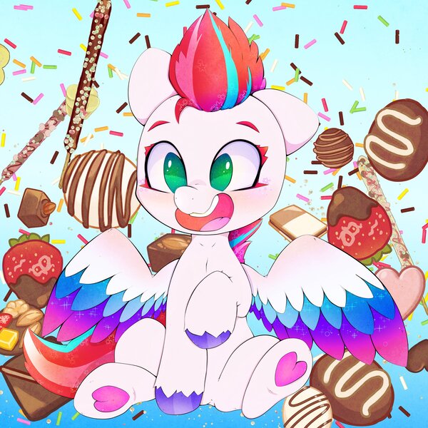 Size: 3000x3000 | Tagged: safe, artist:zokkili, derpibooru import, zipp storm, pegasus, pony, adorazipp, chocolate, colored eyelashes, cute, daaaaaaaaaaaw, female, floppy ears, food, g5, heart, image, jpeg, mare, one eye closed, open mouth, open smile, raised hoof, sitting, smiling, solo, spread wings, strawberry, that pony sure does love chocolate, weapons-grade cute, wings