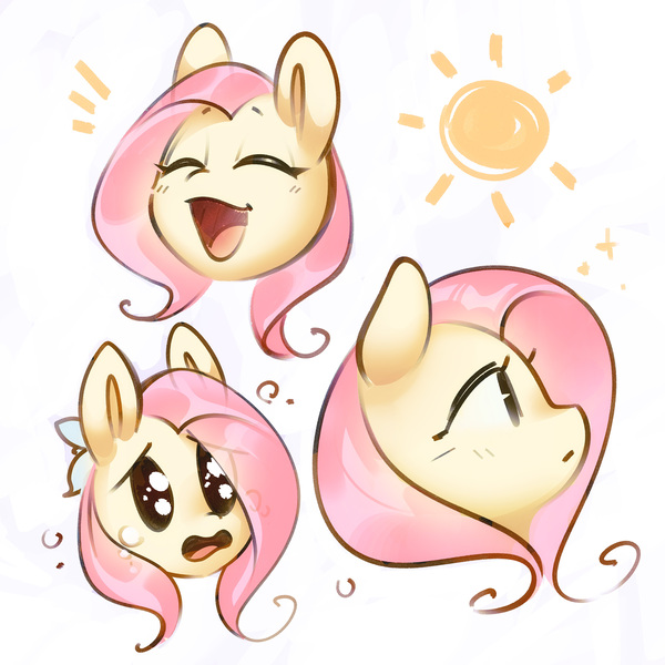 Size: 2800x2800 | Tagged: safe, artist:mirroredsea, derpibooru import, fluttershy, pegasus, pony, bust, crying, emanata, eyes closed, female, happy, image, jpeg, mare, open mouth, open smile, portrait, profile, sad, simple background, smiling, solo, sun, teary eyes, white background