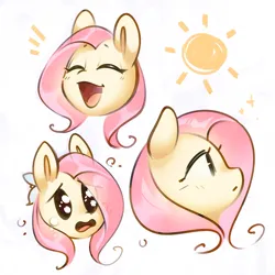 Size: 2800x2800 | Tagged: safe, artist:mirroredsea, derpibooru import, fluttershy, pegasus, pony, bust, crying, emanata, eyes closed, female, happy, image, jpeg, mare, open mouth, open smile, portrait, profile, sad, simple background, smiling, solo, sun, teary eyes, white background