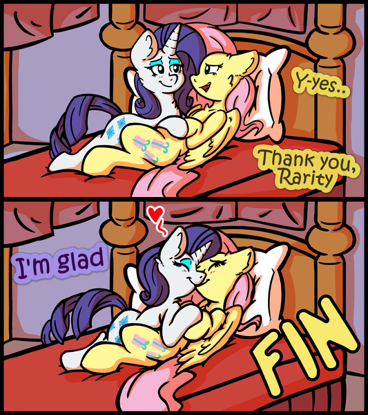 Size: 2400x2700 | Tagged: safe, artist:mc_arts, derpibooru import, fluttershy, rarity, pegasus, pony, unicorn, comic:helping out, bed, blushing, comic, dialogue, female, flarity, heart, holding hooves, image, kissing, lesbian, lying down, on back, on bed, png, shipping