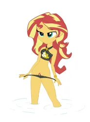 Size: 933x1261 | Tagged: suggestive, artist:calmbreezes, derpibooru import, sunset shimmer, equestria girls, beach, bikini, clothes, female, grappling hook, image, nudity, png, pubic hair, sexy, simple background, solo, solo female, stripping, sunset shimmer's beach shorts swimsuit, sweat, swimsuit, white background