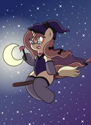 Size: 2550x3509 | Tagged: safe, artist:sparkfler85, derpibooru import, oc, oc:hymyt, semi-anthro, unicorn, anatomically incorrect, beauty mark, bow, broom, cape, clothes, cute, dress, female, flying, flying broomstick, glasses, gloves, hat, image, incorrect leg anatomy, moon, night, png, socks, solo, stars, stockings, thigh highs, wand, witch, witch hat