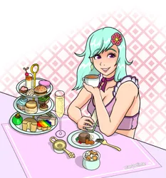 Size: 1243x1334 | Tagged: safe, artist:carpdime, derpibooru import, earth pony, human, afternoon tea, alcohol, burger, cake, champagne, cup, cupcake, dahlia, flower, flower in hair, food, g5, humanized, image, png, rainbow, smiling, solo, teacup, wine