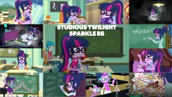 Size: 1974x1112 | Tagged: safe, derpibooru import, edit, edited screencap, editor:quoterific, screencap, sandalwood, sci-twi, spike, spike the regular dog, sunset shimmer, twilight sparkle, dog, eqg summertime shorts, equestria girls, equestria girls series, friendship games, friendship math, holidays unwrapped, mad twience, overpowered (equestria girls), rollercoaster of friendship, subs rock, the finals countdown, the last day of school, spoiler:eqg series (season 2), :o, beach, beach chair, blizzard or bust, book, bowtie, chair, chalk, chalkboard, clothes, cutie mark, cutie mark on clothes, eyes closed, female, geode of telekinesis, glasses, goggles, image, jewelry, magical geodes, male, necklace, offscreen character, open mouth, png, ponytail, text