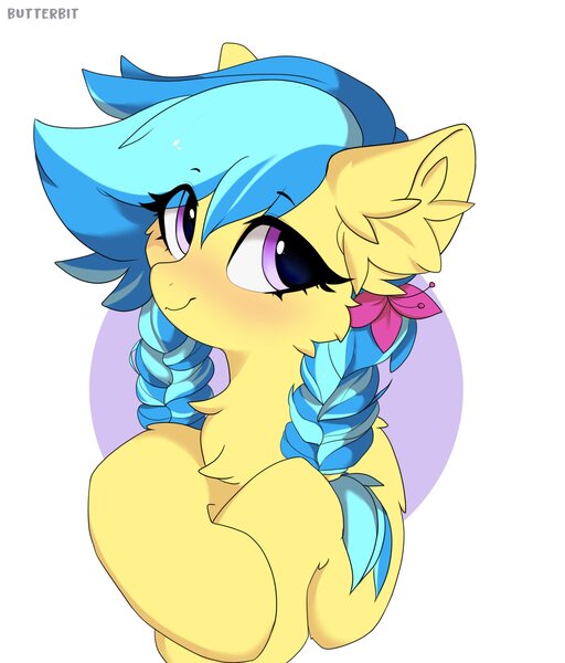 Size: 1707x2000 | Tagged: safe, artist:butterbit, derpibooru import, oc, oc:jeppesen, unofficial characters only, pegasus, pony, unicorn, bust, cheek fluff, chest fluff, commission, ear fluff, eyebrows, eyelashes, female, flower, flower in hair, highlights, horn, image, jpeg, looking at you, mare, pegasus oc, portrait, purple eyes, simple background, smiling, smiling at you, solo, twin braids, unicorn oc, white background, wings, ych result