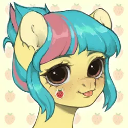 Size: 2000x2000 | Tagged: safe, artist:hirichie, derpibooru import, oc, unofficial characters only, earth pony, pony, blushing, bust, cute, female, food, freckles, icon, image, mare, png, portrait, solo, solo female, sticker, strawberry, tongue out