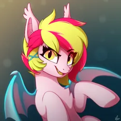 Size: 2000x2000 | Tagged: safe, artist:luminousdazzle, derpibooru import, oc, oc:dragon fruit, unofficial characters only, bat pony, pony, bat pony oc, bat wings, chest fluff, colored wings, ear fluff, fangs, female, flying, forked tongue, hair accessory, image, mare, multicolored mane, multicolored wings, png, slit pupils, smiling, solo, solo female, wings