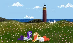 Size: 4900x2900 | Tagged: safe, artist:poniebones, derpibooru import, fluttershy, rarity, pegasus, pony, unicorn, bow, clothes, dress, female, field, flarity, flower, grass, grass field, hat, high res, image, lesbian, lighthouse, lying down, ocean, png, prone, scenery, shipping, straw hat, summer, sundress, tail, tail bow, water