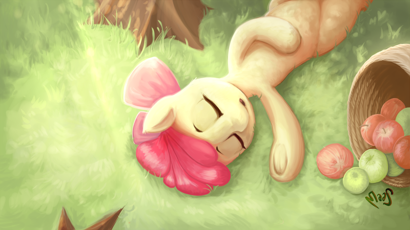Size: 3840x2160 | Tagged: safe, artist:sea-maas, derpibooru import, apple bloom, earth pony, pony, adorabloom, apple, apple bloom's bow, basket, bow, crepuscular rays, cute, eyes closed, female, filly, foal, food, grass, hair bow, high res, image, lying down, on back, open mouth, outdoors, png, signature, sleeping, solo, underhoof