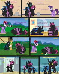 Size: 1659x2102 | Tagged: safe, artist:wheatley r.h., derpibooru import, oc, oc:myoozik the dragon, oc:twi clown, oc:w. rhinestone eyes, unofficial characters only, changeling, dragon, pony, unicorn, comic:still hungry, bandage, bat wings, belly, belly bed, big belly, blood bag, blue changeling, bucket, changeling oc, chunkling, clothes, clown makeup, coaching cap, comic, derpibooru exclusive, dragon oc, exercise, exercise ball, female, flight, frustration, glasses, hat, honeypot changeling, horn, hug, huge belly, image, impossibly large belly, jpeg, laughing, looking at you, magic, male, mare, megaphone, milkshake, non-pony oc, pink changeling, poster, red nose, solo, spanish, stallion, telekinesis, thriller, top hat, unicorn oc, vector, watermark, wings, yoga, yoga mat