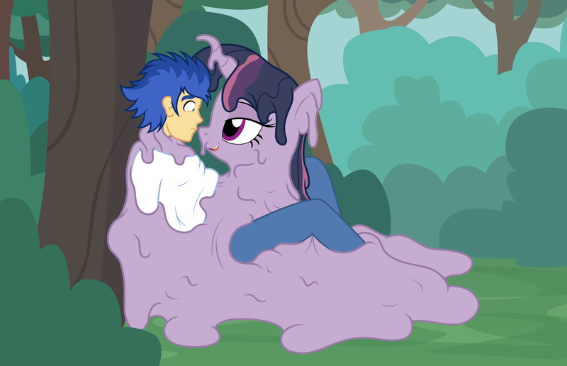 Size: 3300x2130 | Tagged: suggestive, artist:badumsquish, derpibooru import, flash sentry, mean twilight sparkle, twilight sparkle, goo, goo pony, human, monster pony, original species, pony, equestria girls, against tree, bedroom eyes, derpibooru exclusive, eye contact, eyes on the prize, female, flashlight, forest, human flash sentry x pony twilight, human on pony action, image, interspecies, looking at each other, looking at someone, male, mare, mean flashlight, melting, nervous, pinned, png, scared, shipping, sitting, straight, tree, varying degrees of want