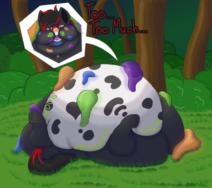 Size: 1800x1600 | Tagged: suggestive, artist:thewindking, derpibooru import, oc, oc:moonwing, unofficial characters only, bat pony, pony, bat pony oc, bat wings, belly, big belly, chubby cheeks, double chin, fat, forest, forest background, huge belly, image, impossibly large belly, inflation, large belly, large butt, lying down, messy eating, on back, open mouth, png, slime, slime feeding, slime inflation, stomach noise, tree, wings