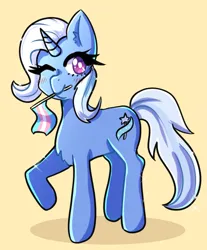 Size: 1989x2400 | Tagged: safe, artist:ashes-arts, artist:mylittleyuri, derpibooru import, trixie, pony, unicorn, cute, diatrixes, female, gender headcanon, image, mare, mouth hold, one eye closed, png, pride, pride flag, raised hoof, simple background, solo, trans female, trans trixie, transgender, transgender pride flag, wink, yellow background