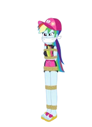 Size: 762x1049 | Tagged: safe, artist:robukun, derpibooru import, rainbow dash, equestria girls, beach hat, bondage, bound and gagged, cloth gag, clothes, gag, hat, image, png, rope, rope bondage, ropes, sandals, swimsuit, tied up