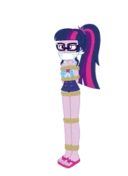 Size: 762x1049 | Tagged: safe, artist:robukun, derpibooru import, sci-twi, twilight sparkle, equestria girls, bondage, bound and gagged, cloth gag, clothes, gag, glasses, image, png, rope, rope bondage, ropes, sandals, swimsuit, tied up