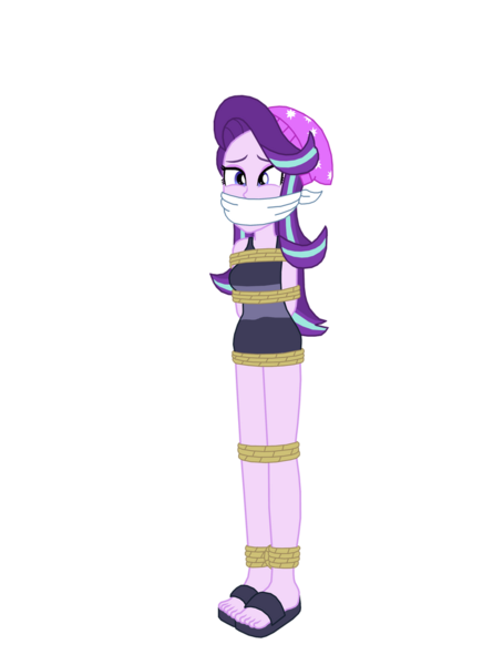 Size: 762x1049 | Tagged: safe, artist:robukun, derpibooru import, starlight glimmer, equestria girls, beanie, bondage, bound and gagged, cloth gag, clothes, gag, hat, image, png, rope, rope bondage, ropes, sandals, swimsuit, tied up