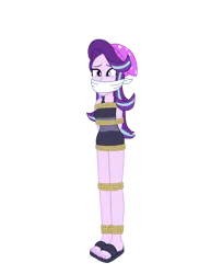 Size: 762x1049 | Tagged: safe, artist:robukun, derpibooru import, starlight glimmer, equestria girls, beanie, bondage, bound and gagged, cloth gag, clothes, gag, hat, image, png, rope, rope bondage, ropes, sandals, swimsuit, tied up