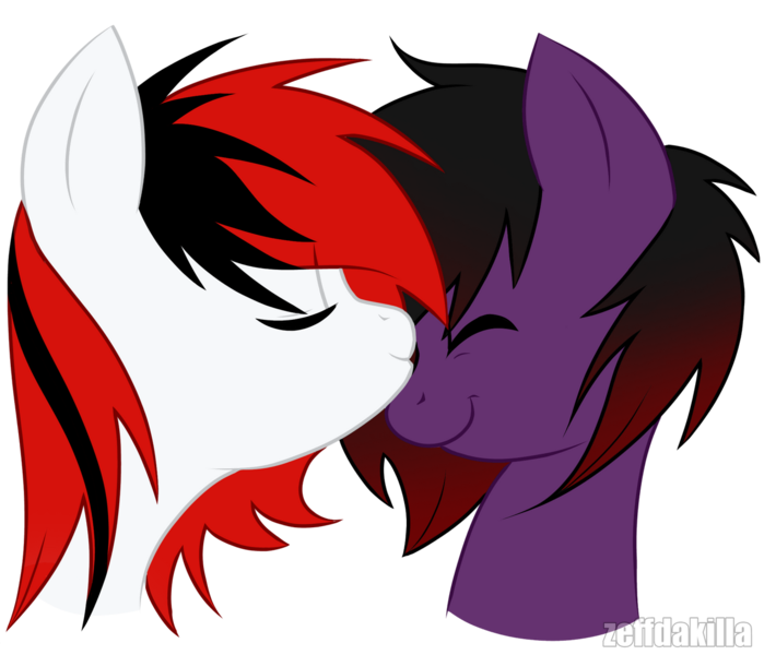 Size: 1280x1098 | Tagged: safe, artist:zeffdakilla, derpibooru import, oc, oc:frankie fang, unnamed oc, unofficial characters only, pegasus, pony, duo, emo, eyes closed, gay, image, kissing, male, males only, nose kiss, png, shipping, smiling, stallion