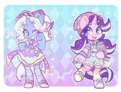 Size: 3336x2534 | Tagged: safe, artist:colorfulcolor233, derpibooru import, starlight glimmer, trixie, semi-anthro, unicorn, beanie, bow, cute, diatrixes, duo, glimmerbetes, hair bow, hat, horn, image, jpeg, tail, underhoof