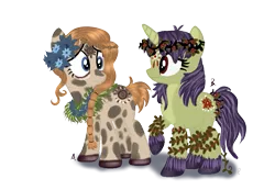 Size: 867x600 | Tagged: safe, artist:renaissance-soul, derpibooru import, oc, oc:bramble berry, oc:soothing lilly, unofficial characters only, earth pony, pony, unicorn, cult, cultist, dirt, duo, face paint, female, floral head wreath, flower, flower in hair, image, mare, markings, mud, png, raised hoof, simple background, thorn, transparent background, unshorn fetlocks