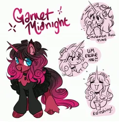 Size: 3205x3281 | Tagged: safe, artist:opalacorn, derpibooru import, oc, oc:garnet midnight, unofficial characters only, pony, unicorn, choker, cinnamon bun, drink, food, image, jpeg, nose wrinkle, solo