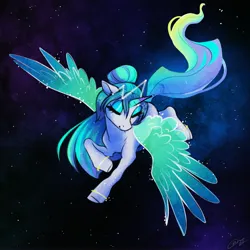 Size: 4096x4096 | Tagged: safe, artist:opalacorn, derpibooru import, oc, unofficial characters only, alicorn, pony, alicorn oc, eyes closed, flying, horn, image, jpeg, solo, space, wings