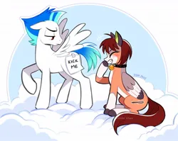 Size: 1200x957 | Tagged: safe, artist:rishi-chan, artist:rishi_chan, derpibooru import, oc, unofficial characters only, pegasus, pony, bell, bell collar, blushing, cloud, coat markings, collar, floppy ears, image, jpeg, laughing, on a cloud, prank, sitting, sitting on cloud, smiling, socks (coat marking), spread wings, unamused, wings