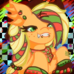 Size: 3000x3000 | Tagged: safe, artist:umbrapone, derpibooru import, applejack, earth pony, pony, abstract background, apple, applejack's hat, bandana, beads, bust, checkered background, cowboy hat, ear fluff, ear piercing, fangs, food, freckles, hair accessory, hairpin, hat, image, lip piercing, piercing, png, ponytail, rawrified, smiling, straps, striped mane