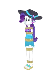 Size: 1280x1761 | Tagged: safe, artist:robukun, derpibooru import, rarity, equestria girls, bondage, bound and gagged, cloth gag, clothes, gag, hat, image, png, rope, rope bondage, ropes, sandals, swimsuit, tied up