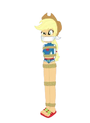 Size: 1280x1761 | Tagged: safe, artist:robukun, derpibooru import, applejack, equestria girls, bondage, bound and gagged, cloth gag, clothes, gag, hat, image, png, rope, rope bondage, ropes, swimsuit, tied up