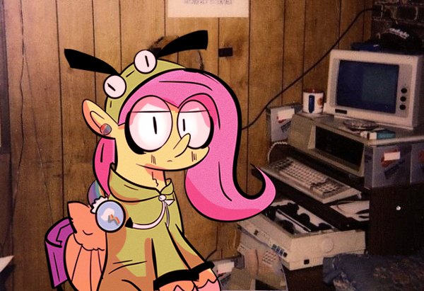 Size: 600x411 | Tagged: safe, artist:eveeyuwu, derpibooru import, fluttershy, pegasus, pony, antonymph, computer, fluttgirshy, gir, headphones, ibm pc, image, jpeg, solo, vylet pony