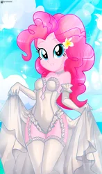 Size: 628x1070 | Tagged: suggestive, artist:charliexe, derpibooru import, pinkie pie, equestria girls, bridal lingerie, bride, choker, clothes, cloud, cute, diapinkes, dress, evening gloves, female, flower, flower in hair, garter straps, gloves, grin, image, jpeg, long gloves, looking at you, sky, smiling, socks, solo, solo female, sparkles, stockings, teddy (clothing), thigh highs, wedding dress