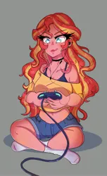 Size: 2293x3778 | Tagged: safe, artist:ashes-arts, artist:mylittleyuri, derpibooru import, sunset shimmer, human, 2020s, 2022, ascended/redeemed villainess, belly button, blue bottomwear, blushing, bra, bra strap, breasts, busty sunset shimmer, choker, clothes, controller, crossed legs, cute, cyan eyes, denim shorts, ear piercing, earring, exposed belly, eyebrows visible through hair, female, gamer sunset, gaming, gray background, heroine, human coloration, humanized, image, jewelry, jpeg, licking, licking lips, light skin, long hair, midriff, missing shoes, nail polish, near-pure good heroine, piercing, shimmerbetes, shiny hair, shiny skin, short shirt, shorts, simple background, sitting, sitting on floor, socks, solo, solo female, teenager, tomboy, tongue out, tongue sticking out, two toned hair, underwear, white socks, yellow topwear