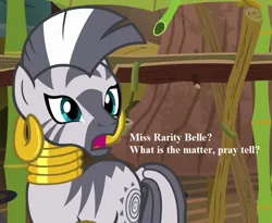 Size: 792x648 | Tagged: safe, derpibooru import, edit, edited screencap, screencap, zecora, it isn't the mane thing about you, cropped, ear piercing, earring, image, implied rarity, jewelry, neck rings, piercing, png, speech, talking, zecora's hut