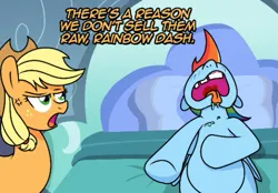 Size: 513x357 | Tagged: safe, artist:ladyanidraws, derpibooru import, edit, applejack, rainbow dash, earth pony, pegasus, pony, applejack is not amused, applejack's hat, bed, bedroom, blanket, cowboy hat, cropped, cross-popping veins, dialogue, drool, female, freckles, frown, hat, image, lying down, mare, multicolored hair, on back, on bed, open mouth, pillow, png, rainbow hair, text, tongue out, tooth gap, unamused, wings