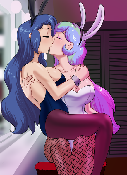 Size: 1481x2048 | Tagged: questionable, artist:thebrokencog, derpibooru import, princess celestia, princess luna, human, animal costume, big breasts, breasts, bunny costume, bunny ears, bunny suit, busty princess celestia, busty princess luna, clothes, commission, costume, duo, duo female, eyes closed, eyeshadow, female, females only, fishnets, humanized, image, incest, kissing, lesbian, long hair, makeup, mirror, nightclub, png, princest, shipping, siblings, sisters, wrist cuffs