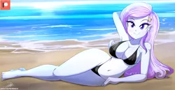 Size: 3867x2000 | Tagged: suggestive, artist:the-butch-x, derpibooru import, edit, fleur-de-lis, equestria girls, absolute cleavage, arm behind head, bare shoulders, barefoot, beach, beach babe, belly button, big breasts, bikini, black bikini, blushing, breasts, busty fleur-de-lis, cleavage, clothes, curvy, cutie mark accessory, draw me like one of your french girls, eyelashes, eyeshadow, feet, female, hairclip, high res, hourglass figure, image, legs, looking at you, lying down, makeup, micro bikini, miss fleur is trying to seduce us, ocean, patreon, patreon logo, png, pose, seductive, sexy, side, sleeveless, smiling, smiling at you, solo, solo female, string bikini, stupid sexy fleur-de-lis, swimsuit, thighs, thong swimsuit, water, wide hips