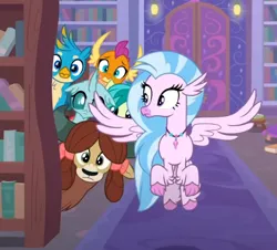 Size: 546x494 | Tagged: safe, derpibooru import, screencap, gallus, ocellus, sandbar, silverstream, smolder, yona, changedling, changeling, classical hippogriff, dragon, earth pony, gryphon, hippogriff, pony, yak, what lies beneath, bow, cropped, flying, hair bow, image, jewelry, monkey swings, necklace, png, spread wings, student six, wings