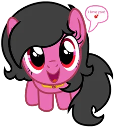 Size: 720x799 | Tagged: safe, derpibooru import, part of a set, oc, oc:anonfilly, unofficial characters only, earth pony, pony, badumsquish's kitties, black mane, black tail, dialogue, emoticlone, female, filly, flower, foal, happy, heart, image, jewelry, looking at you, looking up, mane, mare, necklace, open mouth, open smile, png, red eyes, simple background, sitting, smiling, solo, speech bubble, tail, text, transparent background