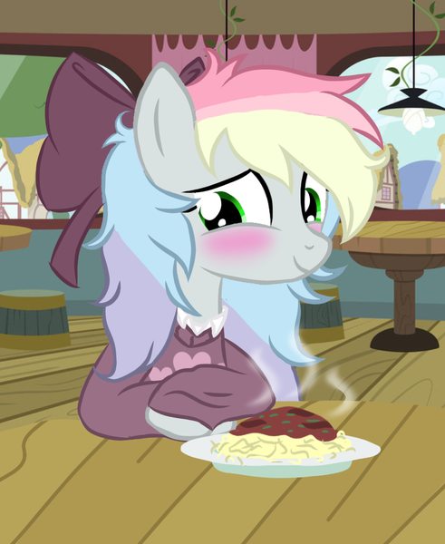 Size: 884x1080 | Tagged: safe, derpibooru import, oc, oc:blazey sketch, unofficial characters only, pegasus, blushing, bow, clothes, food, green eyes, grey fur, hair bow, image, looking away, multicolored hair, pasta, pegasus oc, png, restaurant, solo, spaghetti, sweater, vector, wings