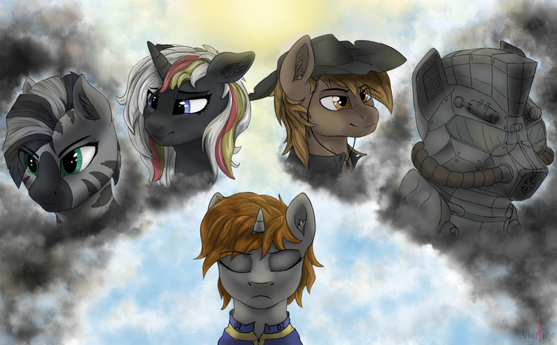 Size: 1840x1140 | Tagged: safe, artist:uberponya, derpibooru import, oc, oc:calamity, oc:littlepip, oc:steelhooves, oc:velvet remedy, oc:xenith, unofficial characters only, earth pony, pegasus, pony, unicorn, zebra, fallout equestria, clothes, cloud, female, group, hat, image, jumpsuit, male, mare, png, simple background, stallion, steel ranger, vault suit
