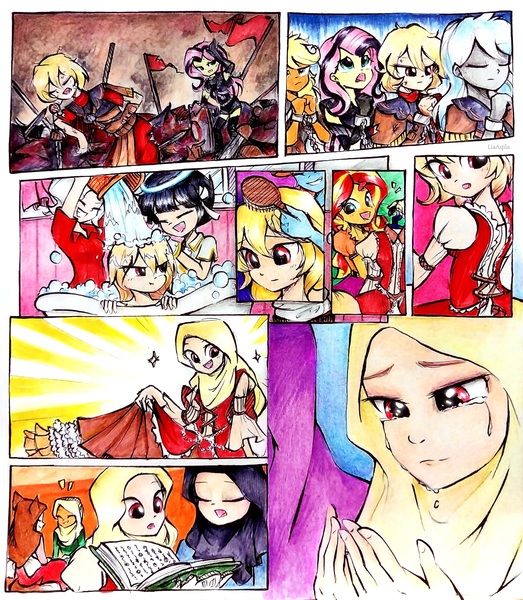 Size: 2786x3196 | Tagged: safe, artist:liaaqila, derpibooru import, applejack, fluttershy, rainbow dash, sunset shimmer, oc, human, equestria girls, comic, cuffs, handcuffed, hijab, humanized, image, jpeg, traditional art