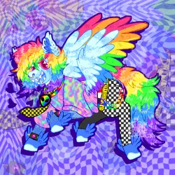 Size: 2000x2000 | Tagged: safe, artist:punkpride, rainbow dash, pegasus, pony, accessories, alternate design, bracelet, clothes, coat markings, colored wings, feathered fetlocks, female, image, mare, multicolored wings, necktie, nose piercing, nose ring, pants, piercing, png, rainbow wings, scene, sharp teeth, shirt, solo, spiked wristband, t-shirt, teeth, twitterina design, wings, wristband