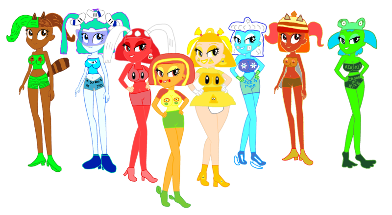 Size: 3601x1971 | Tagged: questionable, artist:smbros, derpibooru import, oc, oc:acorn alice anne, oc:becca bea booma, oc:frida flames flower, oc:libbie leaf lang, oc:lilly pad toad, oc:sadie kat belle, oc:snowa chilla, oc:sweetie marri, unofficial characters only, human, equestria girls, big breasts, boomerang flower, breasts, crossover, fire flower, frog costume, group, humanized, ice flower, image, pigtails, png, power up gals, power-up, raccoon leaf, raccoon tail, super acorn, super bell, super leaf, super mario bros., super mushroom, wide hips