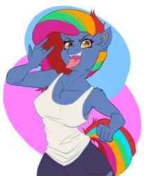 Size: 2512x3056 | Tagged: safe, artist:witchtaunter, derpibooru import, oc, oc:blitzkrieg bop, anthro, earth pony, \m/, clothes, ear piercing, earring, fist, image, jeans, jewelry, pants, piercing, png, ripped jeans, ripped pants, tanktop, tongue out, torn clothes