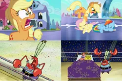 Size: 2289x1526 | Tagged: safe, derpibooru import, applejack, fluttershy, rainbow dash, a kirin tale, angry, crystal empire, image, jpeg, krusty krushers, mr. krabs, nickelodeon, patrick star, screaming, sleeping, spongebob squarepants, spongebob squarepants (character), yelling