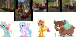 Size: 1368x673 | Tagged: safe, derpibooru import, screencap, ocellus, silverstream, smolder, yona, changeling, dragon, hippogriff, yak, ants, barney the dinosaur, clothes, image, photo, png, rating, slippers