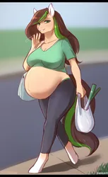 Size: 2200x3600 | Tagged: safe, artist:nsfwbonbon, derpibooru import, oc, oc:verdant ardea, unofficial characters only, anthro, unguligrade anthro, bag, belly, belly button, big belly, clothes, female, hooves, image, leek, looking at you, midriff, outie belly button, png, pregnant, short shirt, solo, walking